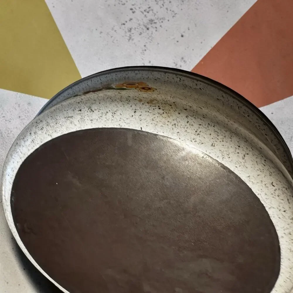 Vintage 1970s Speckled Enamelware Skillet Pan Orange Yellow Brown Floral